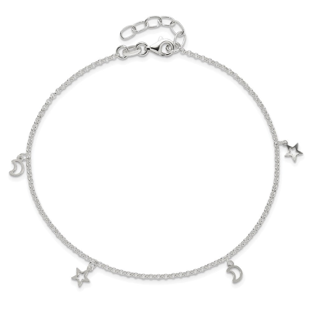 Sterling Silver Moon And Stars 9In Plus 1In Ext. Anklet