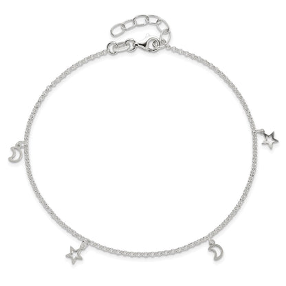 Sterling Silver Moon And Stars 9In Plus 1In Ext. Anklet