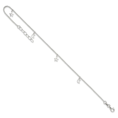 Sterling Silver Moon And Stars 9In Plus 1In Ext. Anklet
