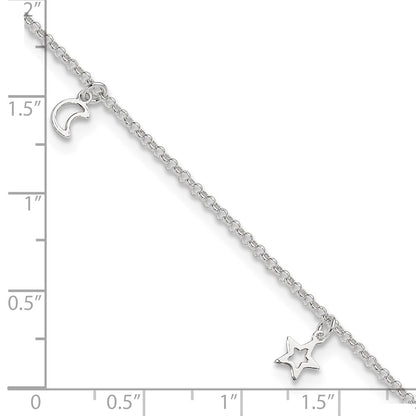 Sterling Silver Moon And Stars 9In Plus 1In Ext. Anklet