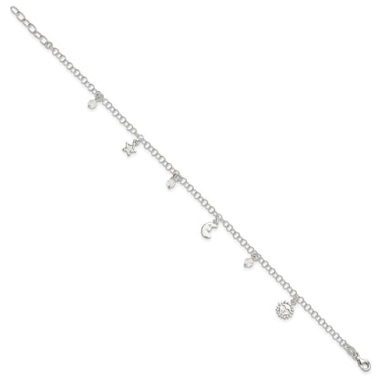 Sterling Silver Polished Sun Moon And Stars 9In Plus 1In Ext. Anklet