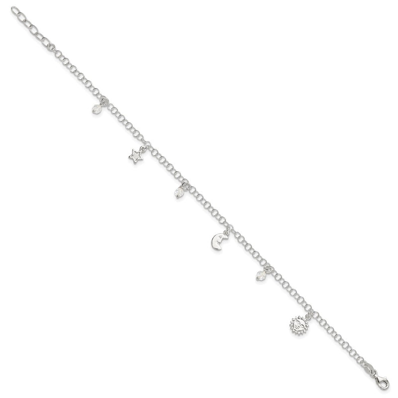 Sterling Silver Polished Sun Moon And Stars 9In Plus 1In Ext. Anklet