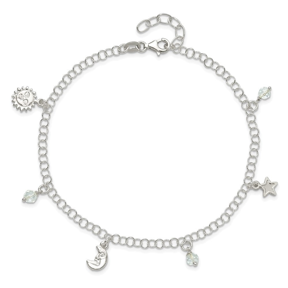 Sterling Silver Polished Sun Moon And Stars 9In Plus 1In Ext. Anklet