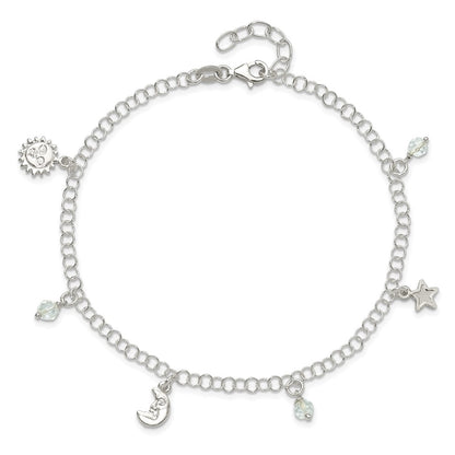 Sterling Silver Polished Sun Moon And Stars 9In Plus 1In Ext. Anklet