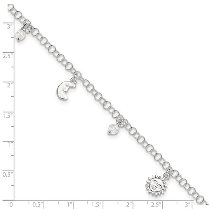Sterling Silver Polished Sun Moon And Stars 9In Plus 1In Ext. Anklet