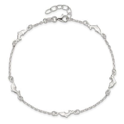 Sterling Silver Polished Dolphin 9In Plus 1In Ext. Anklet