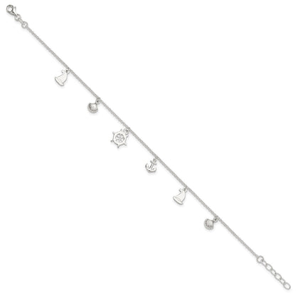 Sterling Silver Polished Ocean Theme 9In Plus 1In Ext. Anklet