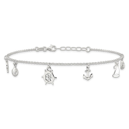 Sterling Silver Polished Ocean Theme 9In Plus 1In Ext. Anklet