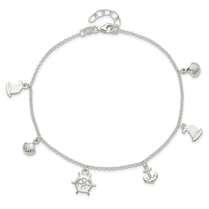 Sterling Silver Polished Ocean Theme 9In Plus 1In Ext. Anklet