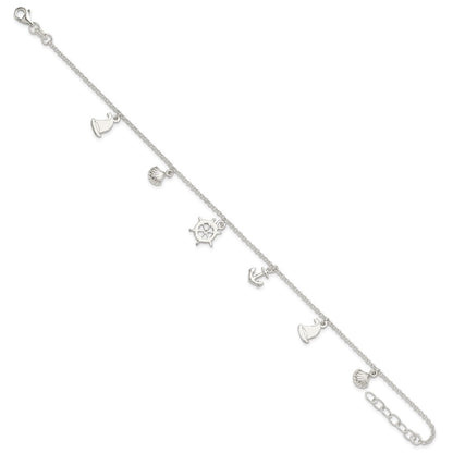 Sterling Silver Polished Ocean Theme 9In Plus 1In Ext. Anklet
