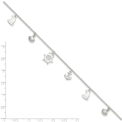 Sterling Silver Polished Ocean Theme 9In Plus 1In Ext. Anklet