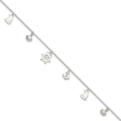 Sterling Silver Polished Ocean Theme 9In Plus 1In Ext. Anklet