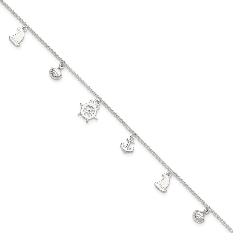 Sterling Silver Polished Ocean Theme 9In Plus 1In Ext. Anklet