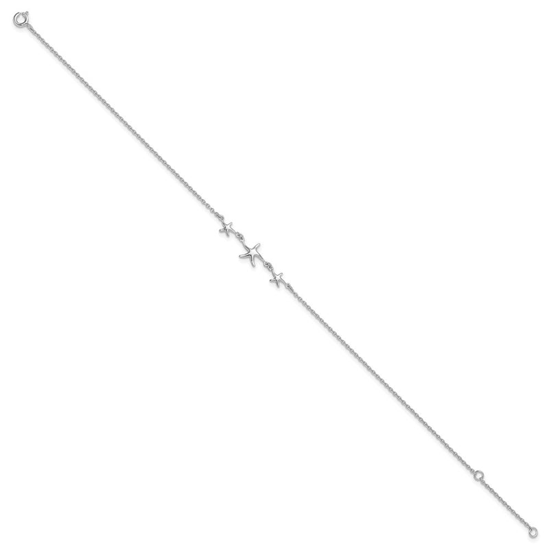 Sterling Silver Rhodium-Plated 10In W/1In Ext Three Stars Anklet