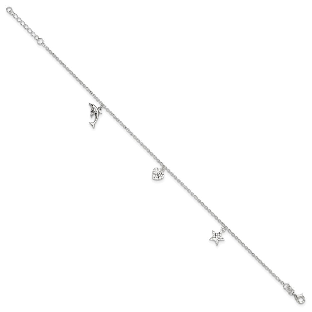 Sterling Silver Polished Heart, Star And Dolphin 9In Plus 1In Ext. Anklet
