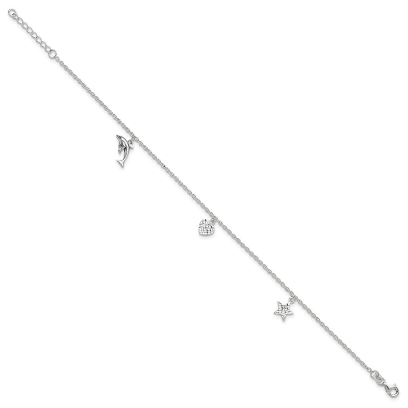 Sterling Silver Polished Heart, Star And Dolphin 9In Plus 1In Ext. Anklet