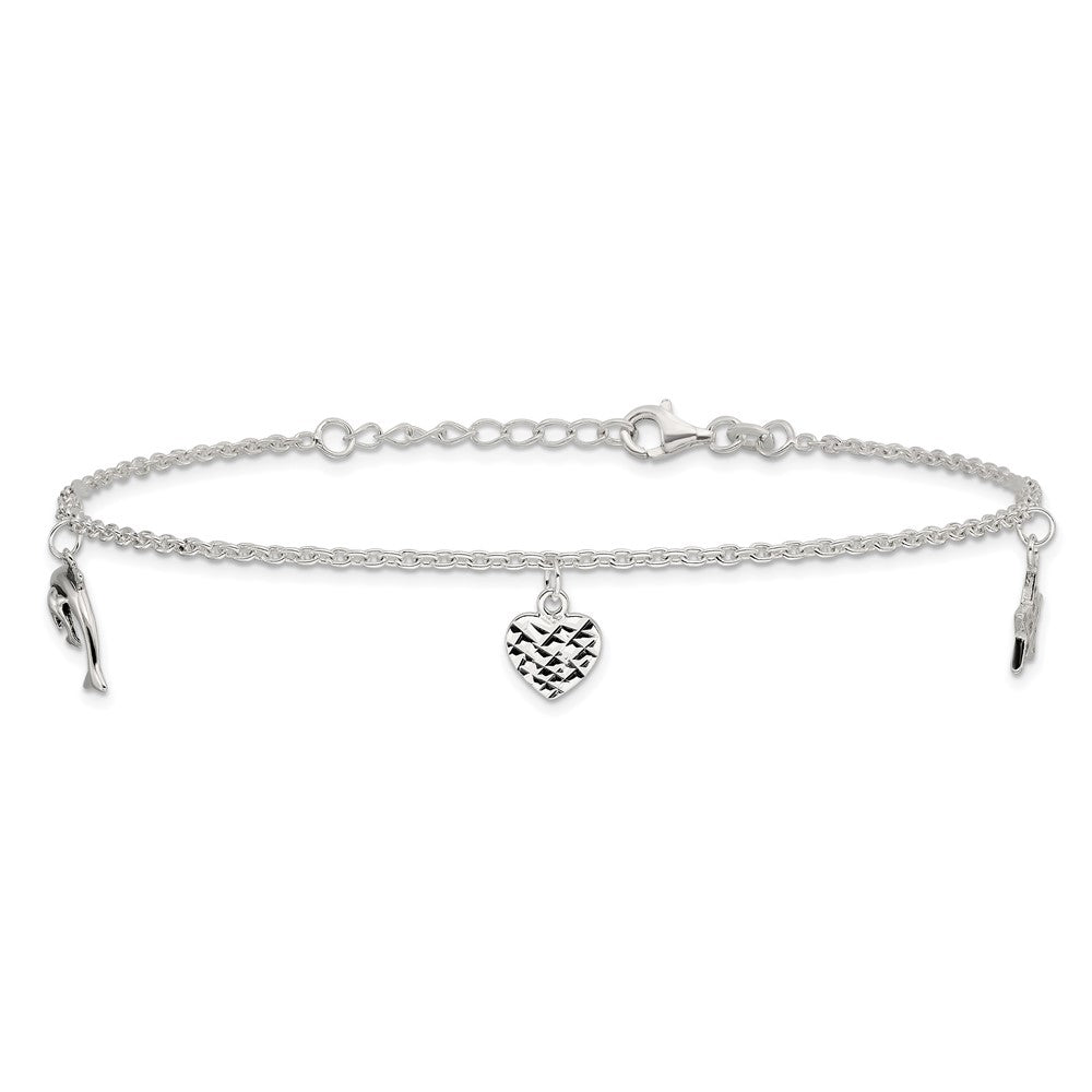 Sterling Silver Polished Heart, Star And Dolphin 9In Plus 1In Ext. Anklet