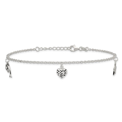 Sterling Silver Polished Heart, Star And Dolphin 9In Plus 1In Ext. Anklet