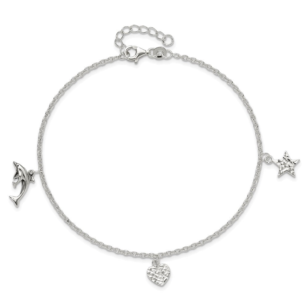 Sterling Silver Polished Heart, Star And Dolphin 9In Plus 1In Ext. Anklet