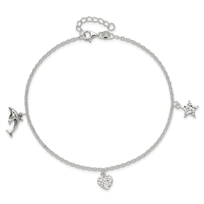 Sterling Silver Polished Heart, Star And Dolphin 9In Plus 1In Ext. Anklet