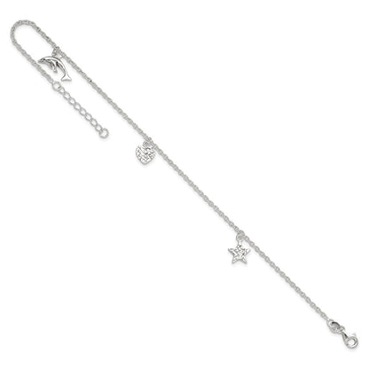 Sterling Silver Polished Heart, Star And Dolphin 9In Plus 1In Ext. Anklet