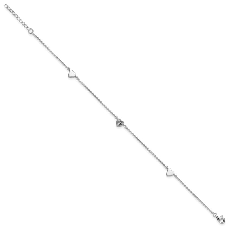 Sterling Silver Rhodium-Plated Cz 9In Plus 1In Ext Heart Anklet