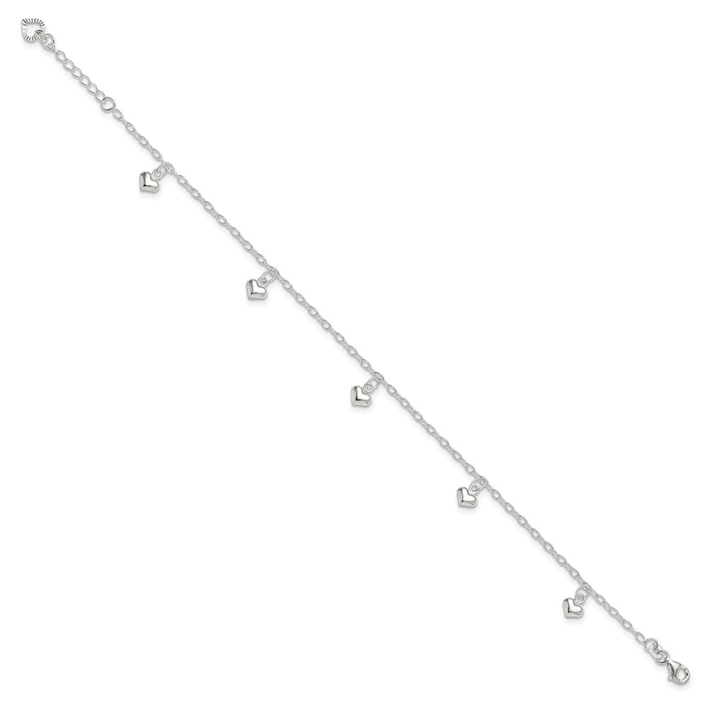 Sterling Silver Polished Puffed Heart 9In Plus1In Ext Anklet