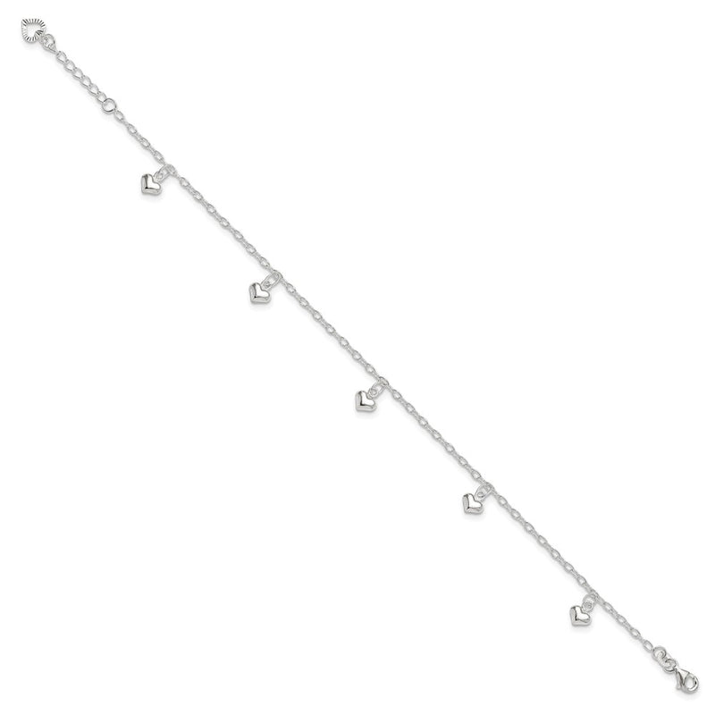 Sterling Silver Polished Puffed Heart 9In Plus1In Ext Anklet