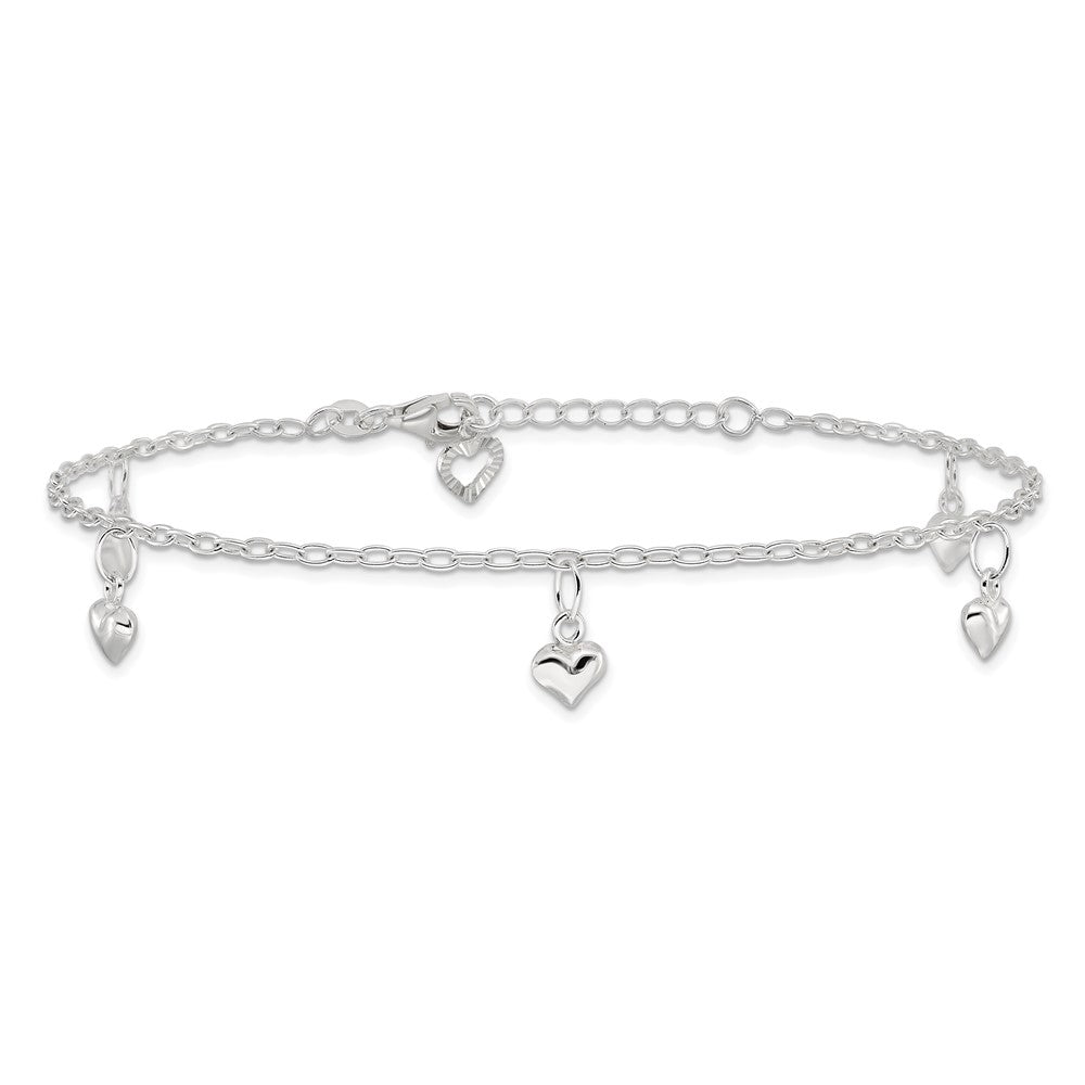 Sterling Silver Polished Puffed Heart 9In Plus1In Ext Anklet