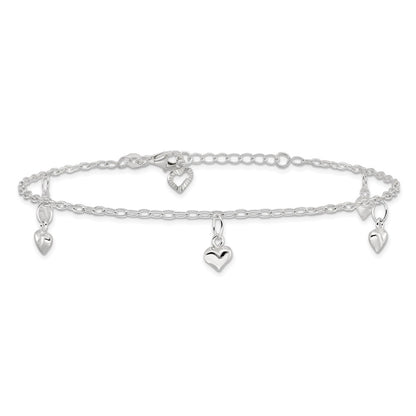 Sterling Silver Polished Puffed Heart 9In Plus1In Ext Anklet
