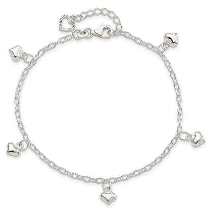 Sterling Silver Polished Puffed Heart 9In Plus1In Ext Anklet