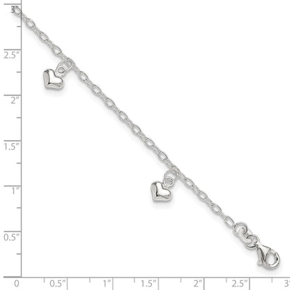 Sterling Silver Polished Puffed Heart 9In Plus1In Ext Anklet