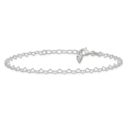 Sterling Silver Polished Puffed Heart 9In Plus 1In Ext. Anklet