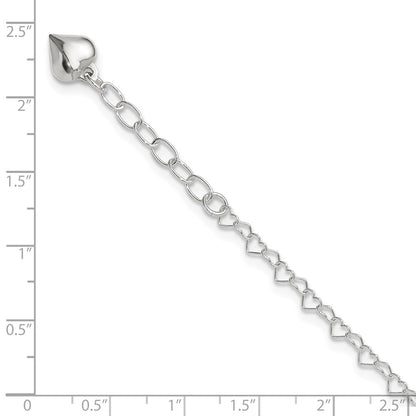 Sterling Silver Polished Puffed Heart 9In Plus 1In Ext. Anklet