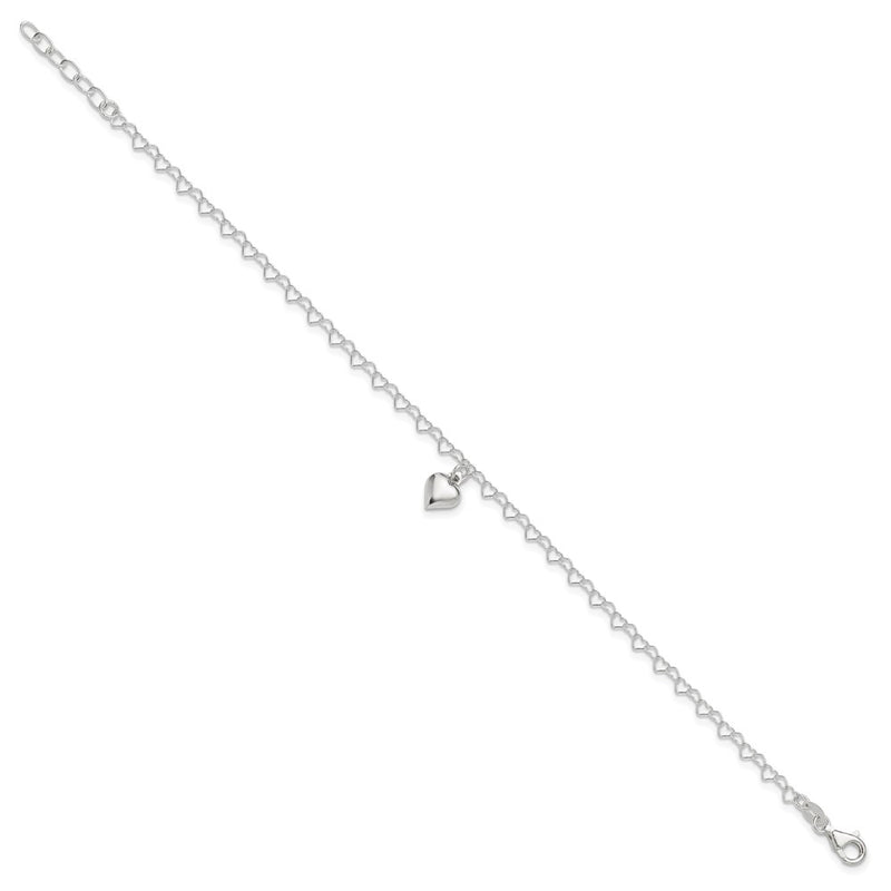 Sterling Silver Polished Fancy Link Puffed Heart 9 In Plus 1In Ext. Anklet