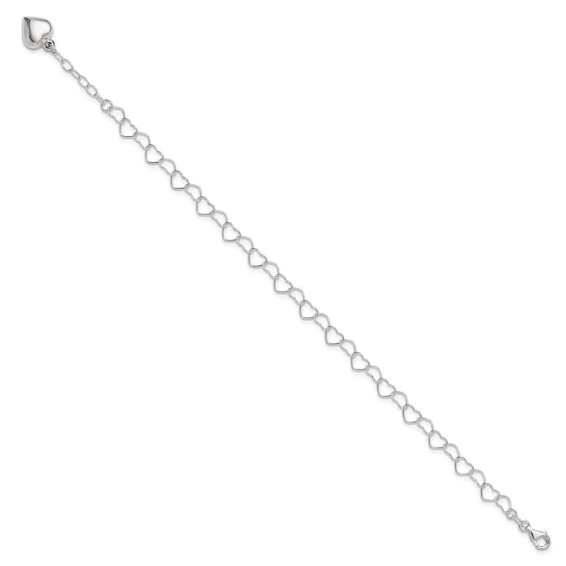 Sterling Silver Polished Puffed Heart 9 In Plus 1In Ext. Anklet