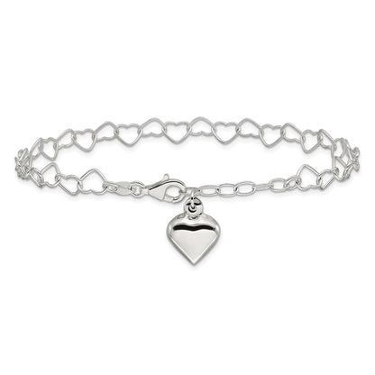 Sterling Silver Polished Puffed Heart 9 In Plus 1In Ext. Anklet