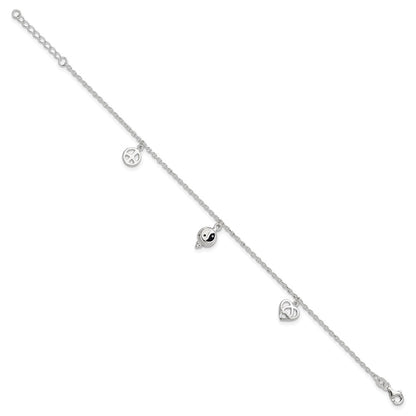 Sterling Silver Polished Hearts And Peace Sign 8In Plus 1In Ext Anklet