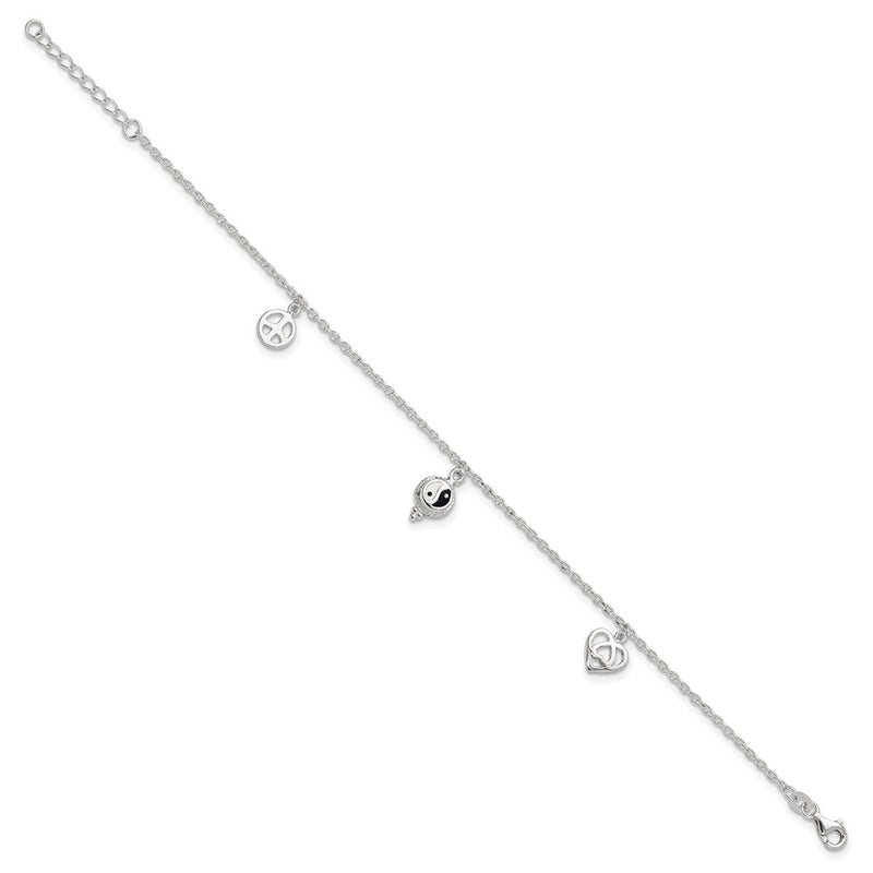 Sterling Silver Polished Hearts And Peace Sign 8In Plus 1In Ext Anklet