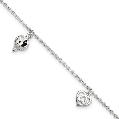 Sterling Silver Polished Hearts And Peace Sign 8In Plus 1In Ext Anklet
