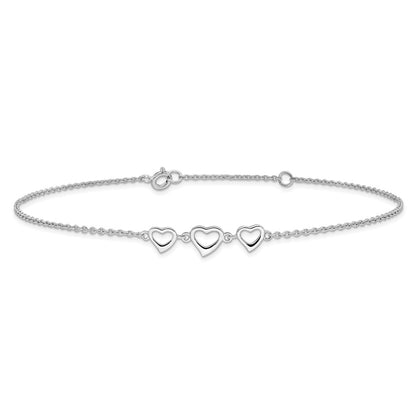 Sterling Silver Rhodium-Plated 10 In Plus1 Ext Three Hearts Anklet