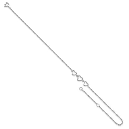 Sterling Silver Rhodium-Plated 10 In Plus1 Ext Three Hearts Anklet