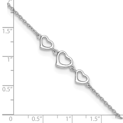 Sterling Silver Rhodium-Plated 10 In Plus1 Ext Three Hearts Anklet