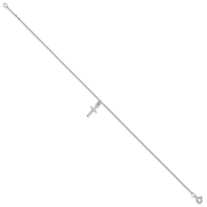 10 Inch Sterling Silver In Solid Polished Cross On Box Chain Anklet