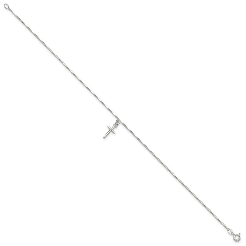 10 Inch Sterling Silver In Solid Polished Cross On Box Chain Anklet
