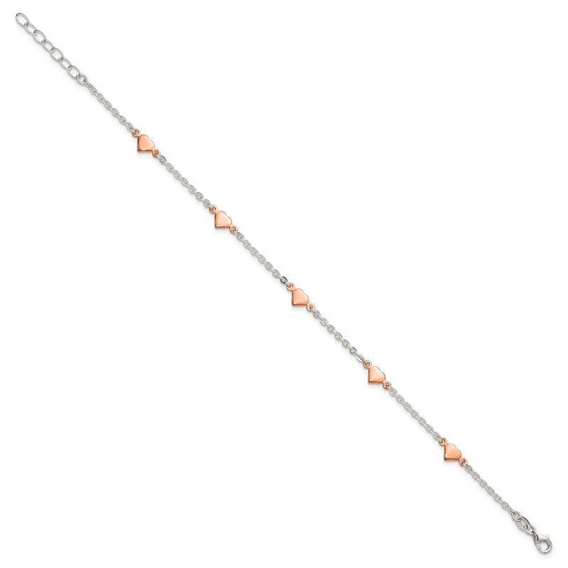 Sterling Silver and Rose-Tone Polished Hearts 9in Plus 1in Ext Anklet