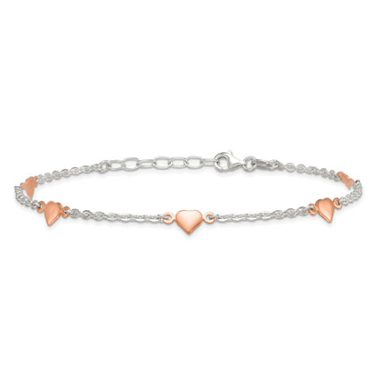 Sterling Silver and Rose-Tone Polished Hearts 9in Plus 1in Ext Anklet