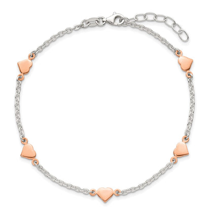 Sterling Silver and Rose-Tone Polished Hearts 9in Plus 1in Ext Anklet
