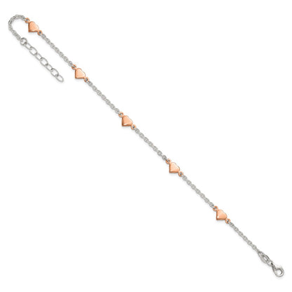 Sterling Silver and Rose-Tone Polished Hearts 9in Plus 1in Ext Anklet