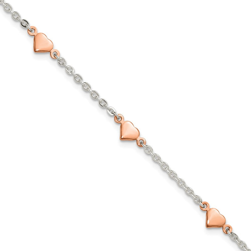 Sterling Silver and Rose-Tone Polished Hearts 9in Plus 1in Ext Anklet